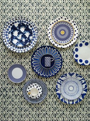 blue patterned china plates and cups